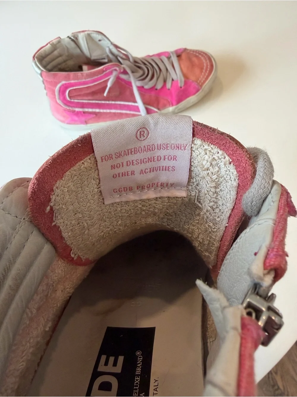 Authentic Golden Goose Pink & Coral High-Top Slide Sneakers